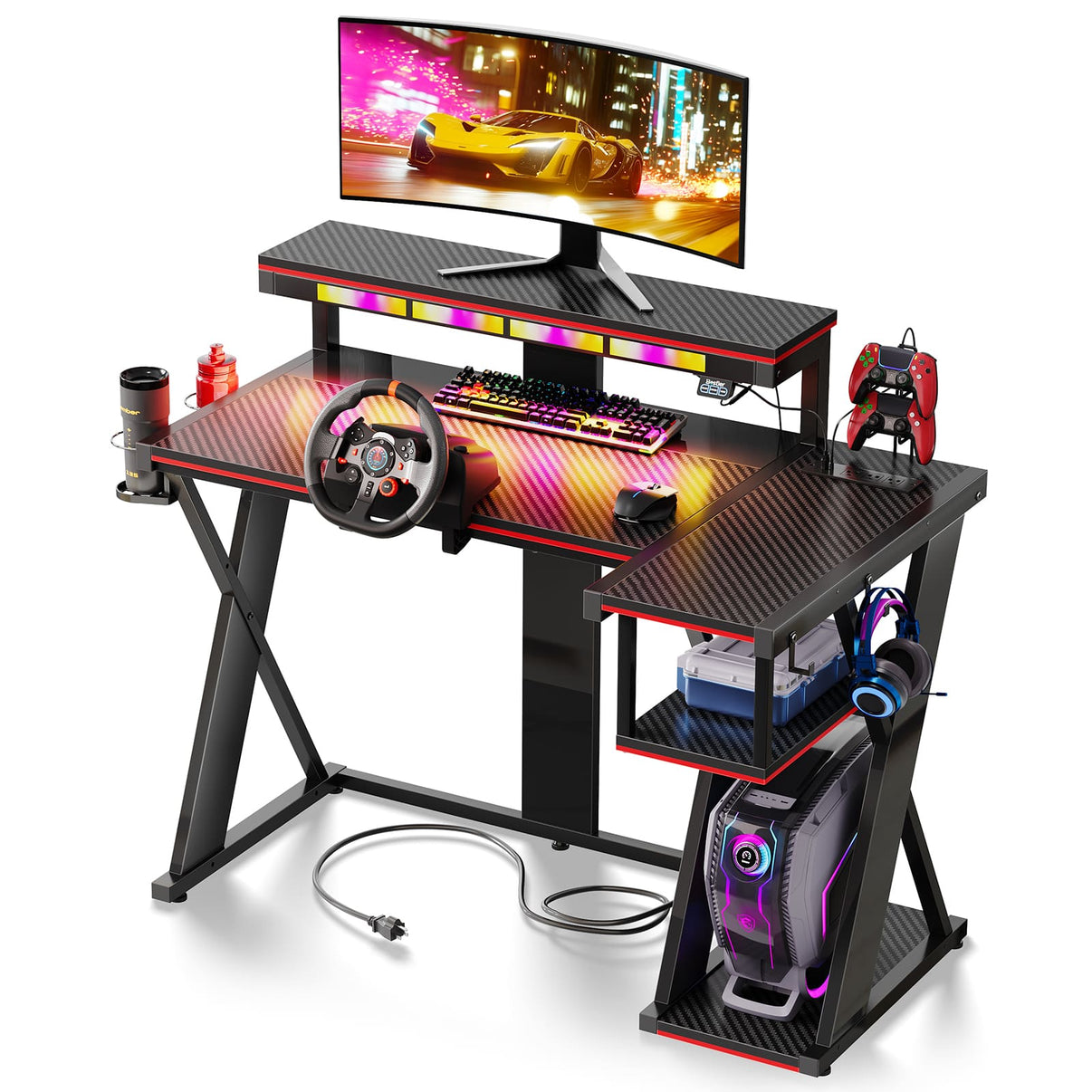 the 42inch black carbon fiber flow vibe gaming desk in the white background
