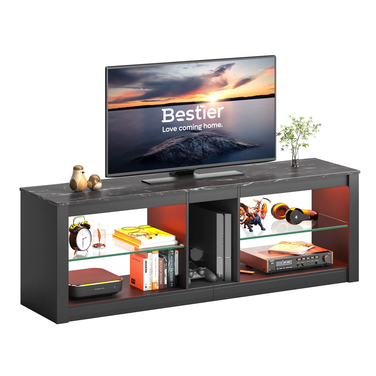 the 55 inch black marble gaming entertainment center in the white background