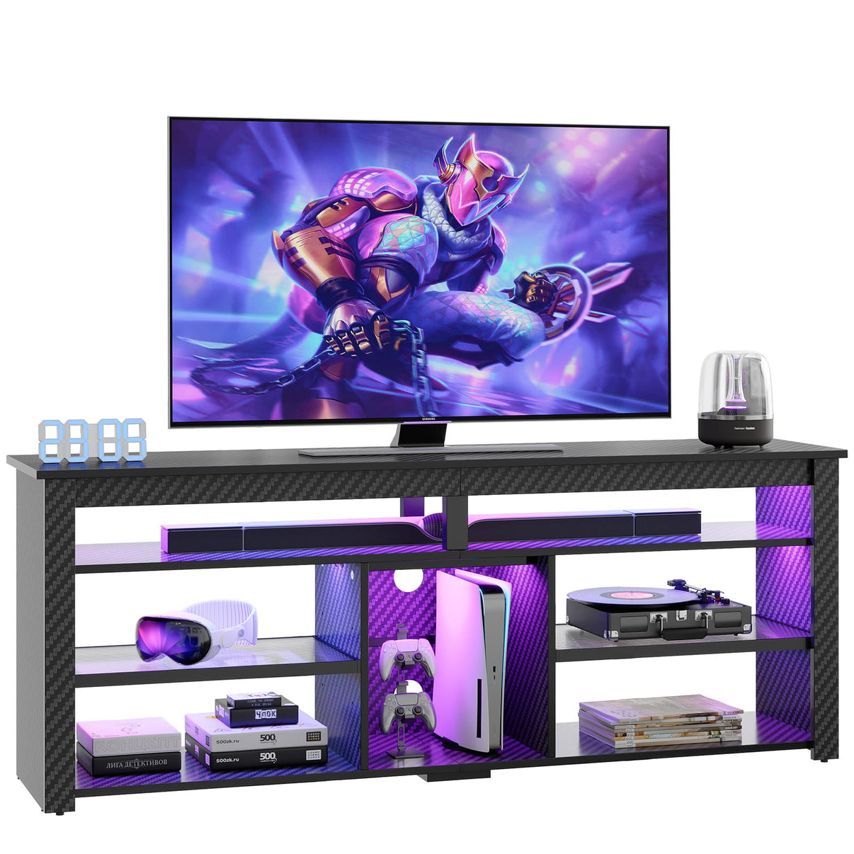 the black carbon fiber tall entertainment center with storage in the white background